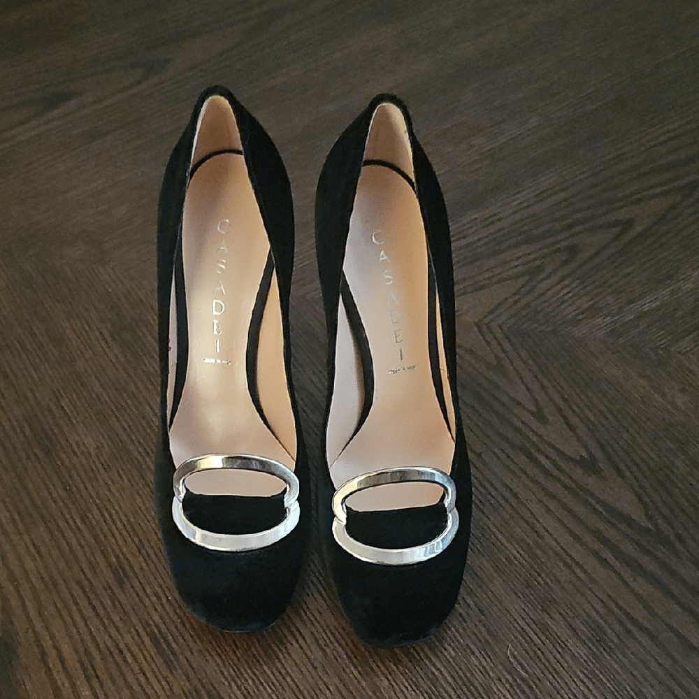 Casadei Black Velvet Heels with Silver Accents Made in Italy. firm price!